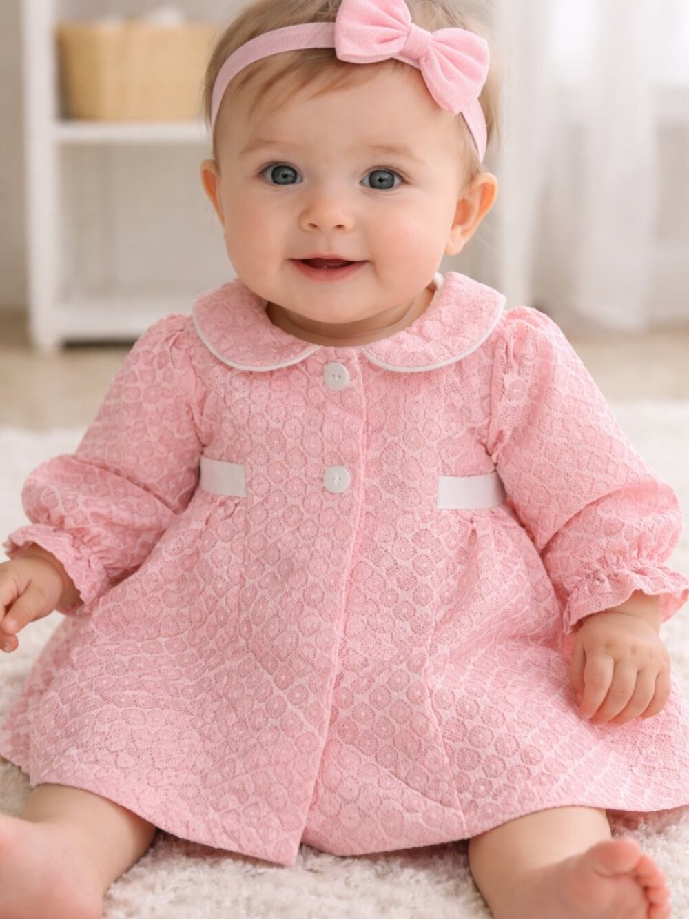 Baby Beri Long Sleeve 2 button Brocade Flower Print Dress Over Coat Cloak Girls